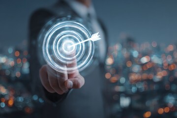 Businessman Presenting Target Symbol with Arrow Over City Skyline Representing Success and Growth in Finance and Investment