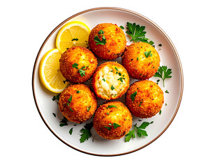 Crispy, golden-brown arancini balls on a plate, garnished with parsley and lemon slices