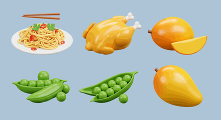 Food assortment: pasta, chicken, mangoes, and peas on a blue background.