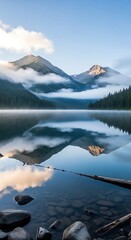 Serene mountain lake scene at dawn, with mist-shrouded peaks reflected perfectly in the still water.