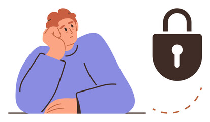 Thoughtful man resting hand on face near large lock emphasizing security, boundaries, privacy, and control. Ideal for personal growth, safety, contemplation, self-care, data protection