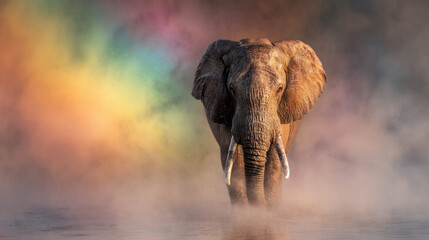 Obraz premium Majestic elephant walking through misty landscape with colorful rainbow backdrop creating a vivid and enchanting atmosphere in a natural setting.