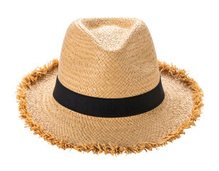 Beige straw fedora with black band and frayed edges