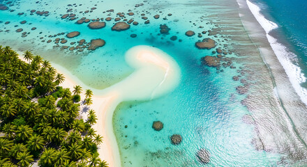 Aerial Top View of Turquoise Tropical Island Lagoon with White Sand