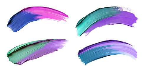 Multicolored strokes of matte acrylic paint with brush marks. Swatches set of textures with full coverage effect. Isolated element with clear even edge on transparent background