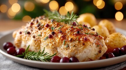 Roasted Turkey Breast with Potatoes Cranberries and Rosemary Sprigs on Festive Dinner Table with Bokeh Lights