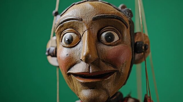 Close-up of a wooden puppet with expressive features