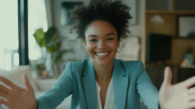 Confident African American Woman Smiling and Reaching Outward During a Video Call, Home Office Setting, Business Casual Attire