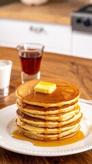 Stack of golden pancakes, drizzled with syrup, butter atop, on a plate