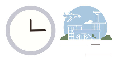 Clock and airport with flying airplane signifying flight schedule, punctuality, global travel, business trips. Ideal for time management, organization, planning, scheduling, logistics travel