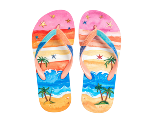 Pair of colorful flip-flops with beach scene print