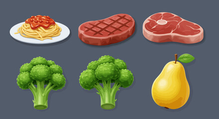 Illustration of spaghetti, steak, broccoli, and a pear on a gray background.