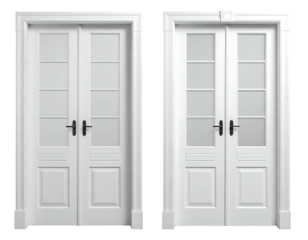Two white double doors with glass panels