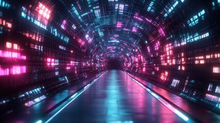 Futuristic tunnel with neon lights, a mesmerizing journey through a digital realm of vibrant colors and dynamic patterns