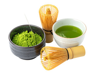 Matcha powder, whisks, and tea