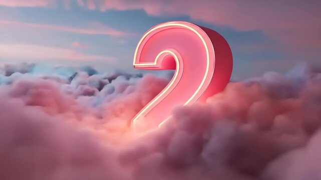A large, glowing pink neon number two rests atop a bed of soft, fluffy clouds against a twilight sky.