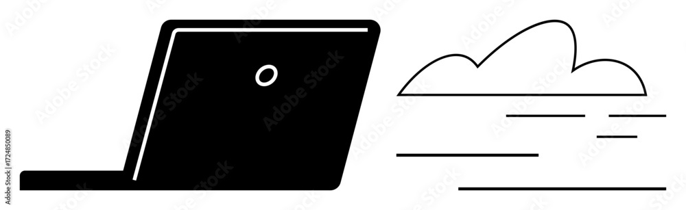 Poster side view of laptop with cloud and motion lines suggesting data transfer. ideal for technology, clou