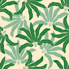 seamless pattern with green tropical leaves on a beige background, ideal for summer designs, fabric, and nature-inspired projects.