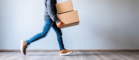Person carrying two cardboard boxes while walking or running, delivery concept.