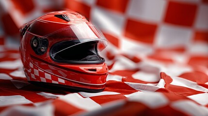 Dynamic red racing helmet with checkered flag motif symbolizes speed, victory, and extreme sports adrenaline.