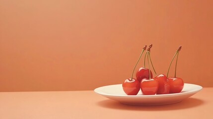 Fresh cherries on a white plate against a peach background
