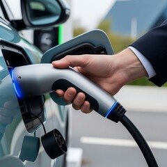 Close-up of a person connecting an electric vehicle charging plug to a light-gray vehicle.