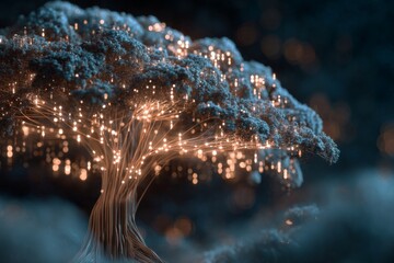 Abstract representation of a glowing tree with binary connections symbolizing technology, growth, and innovation in a digital landscape