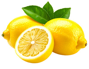 Two whole lemons and one half lemon, bright yellow, with fresh green leaves
