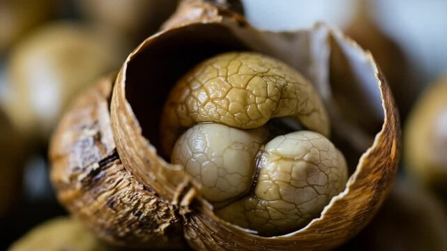 Close-up of cracked nut shell revealing seeds inside