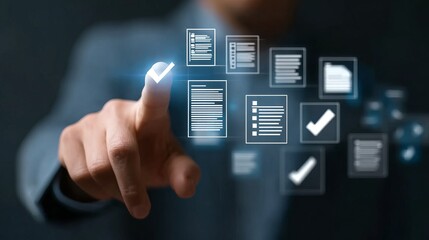 A person interacts with a digital interface, selecting documents and checkmarks in a futuristic, technology-driven environment.