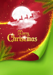 Merry Christmas Holiday Greeting Card with Santa Sleigh and Reindeer