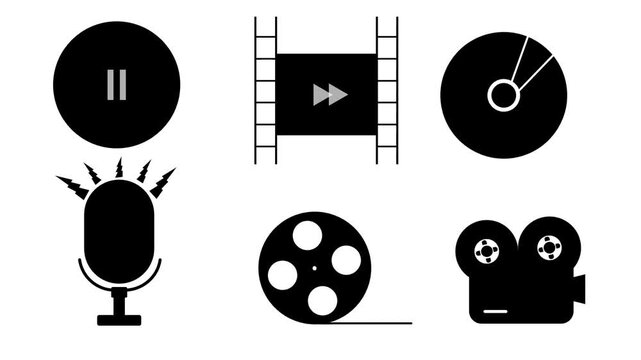 vector illustration of a set entertainment of black and white icons, movie, roll film,