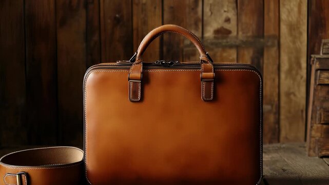 Elegant Brown Leather Briefcase and Hatbox on Rustic Wooden Background, Classic Style, Luxury Accessories, Studio Shot