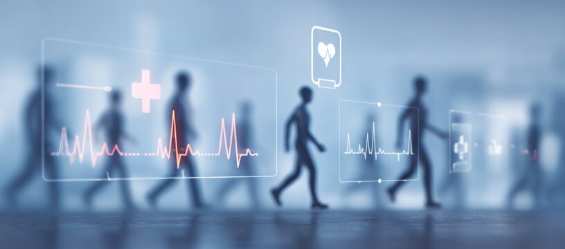 Silhouetted figures walk, augmented with overlaid health icons and vital signs, against a blurred, cool-toned backdrop