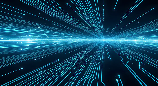 Concept of digital communication and global network technology with abstract light trails and circuit board patterns converging in virtual space
