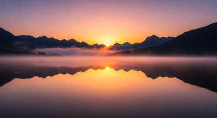 Fototapeta premium Panoramic Sunrise over Mountain Lake with Fog Rolling Across Water