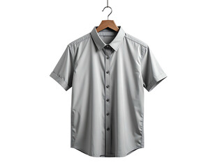 Light gray short-sleeve button-down shirt on hanger (1)
