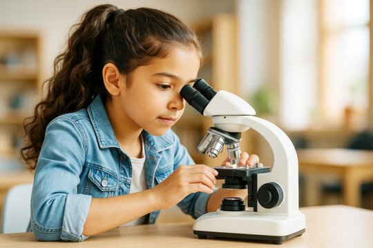 Young girl using microscope in classroom, exploring science concept with curiosity and focus on light background in educational setting.