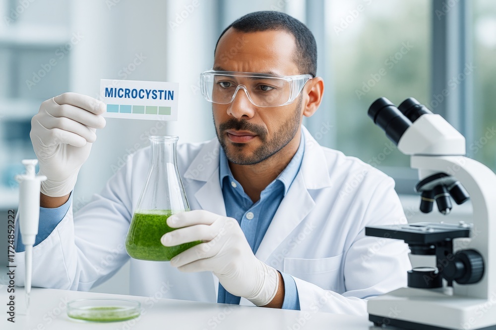 Poster scientist analyzing microcystin sample in lab with microscope on light background, highlighting scie
