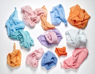 A collection of pastel-colored fabric scraps, loosely arranged and crumpled on a white background, showcasing various shades of pink, orange, and blue