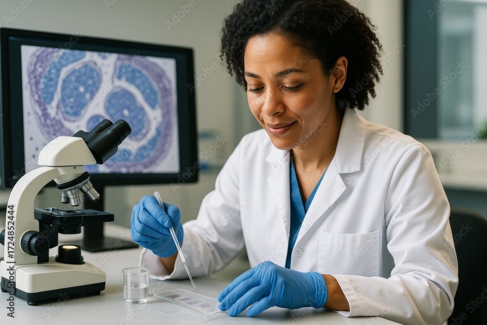Poster female scientist analyzing microscope slide in laboratory with digital histology image on screen in 