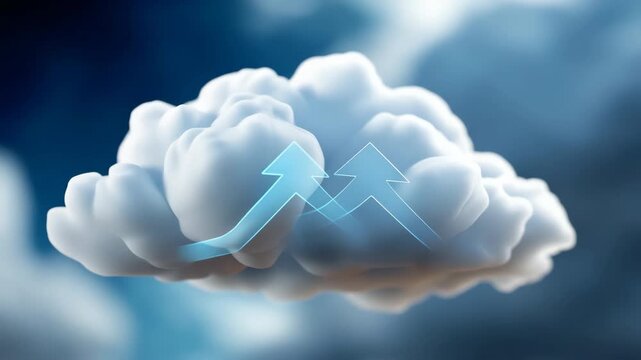 Digital cloud technology concept with upward arrows for data transfer and storage
