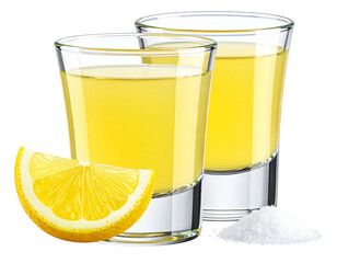 Two shot glasses filled with a yellow liquid, next to a lemon slice and salt