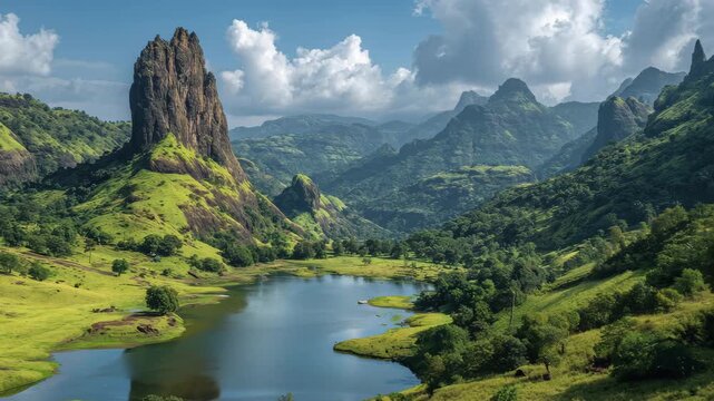 Marvel at the breathtaking beauty of towering mountains and verdant hills surrounding a calm lake. Experience the peaceful ambiance of nature in this idyllic location