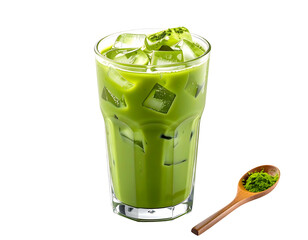 Iced matcha latte in a tall glass with ice cubes and matcha powder