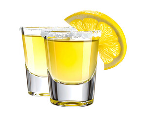 Two shot glasses of tequila with lemon slice