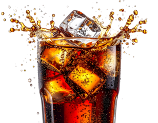 Soda glass with ice cubes, splashing drink