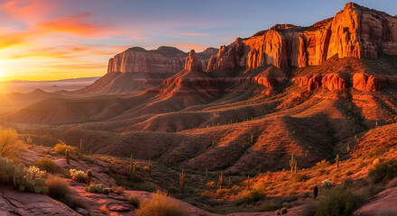 Panoramic Sunrise over Rocky Mountain Desert Landscape with Red Cliffs