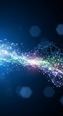Abstract digital network design displays a dynamic interplay of interconnected points and lines against a dark background, showcasing a complex and colorful network.