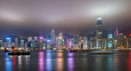 Fototapeta premium Realistic Hong Kong Skyline Night with Harbor Reflections